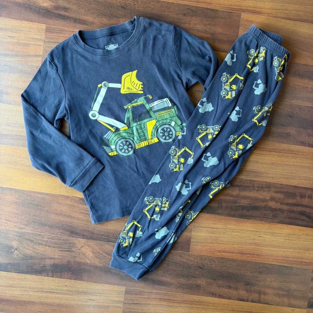 Kids Navy Blue Construction Excavator 100% Cotton Long Sleeve Pajama‎ Set Size 8